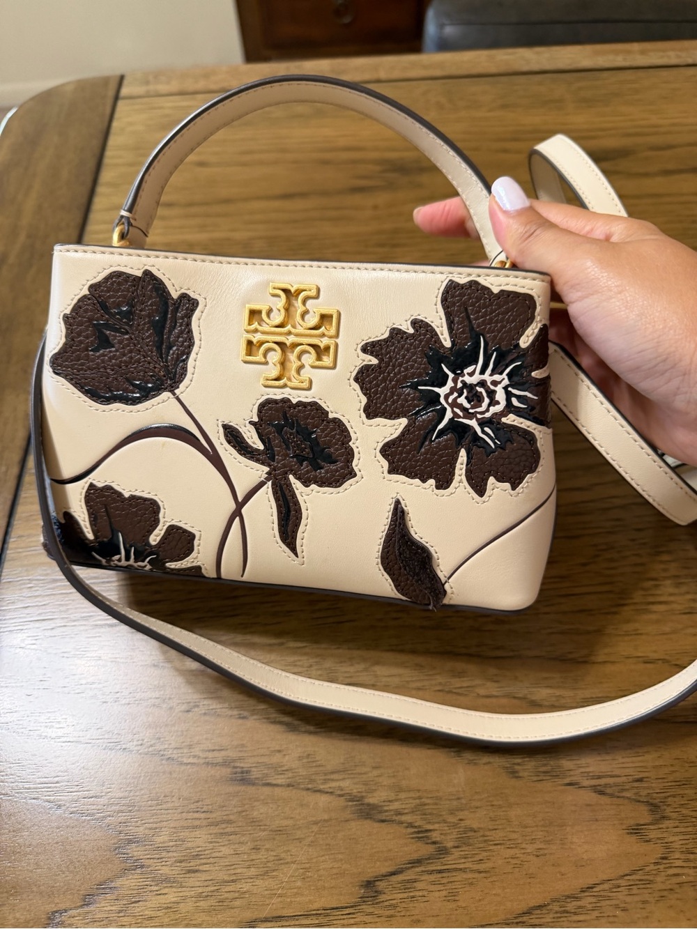 Tory Burch Cream Leather Mini Top-Handle Crossbody with Brown Floral Appliqué